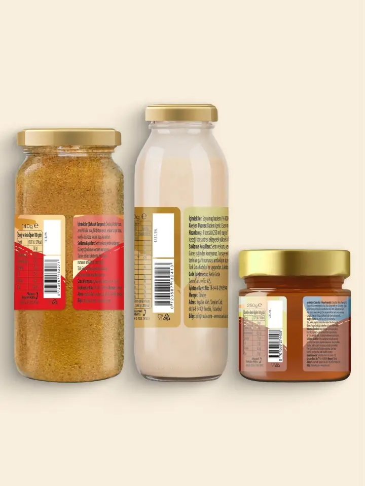 3'lü Ürün - Ravla Badem İçeceği Konsantresi - 250g/ Ravla Salgı Balı (Meşe Kaynaklı) - 250g / Ravla Altın Baharat Karışım - 140g