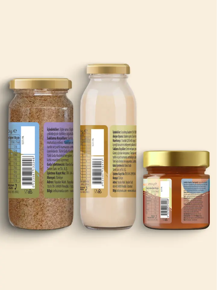 3'lü Ürün - Ravla Badem İçeceği Konsantresi - 250g /Ravla Salgı Balı (Meşe Kaynaklı) - 250g/Ravla İğde Unu 100g