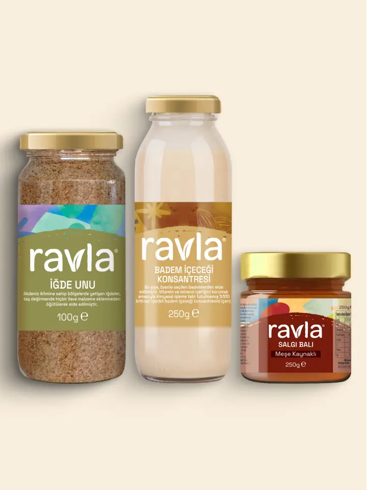 3'lü Ürün - Ravla Badem İçeceği Konsantresi - 250g /Ravla Salgı Balı (Meşe Kaynaklı) - 250g/Ravla İğde Unu 100g